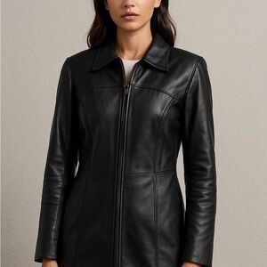 Danier Black Leather Zip-Front Coat Genuine Leather Jacket minimalist S